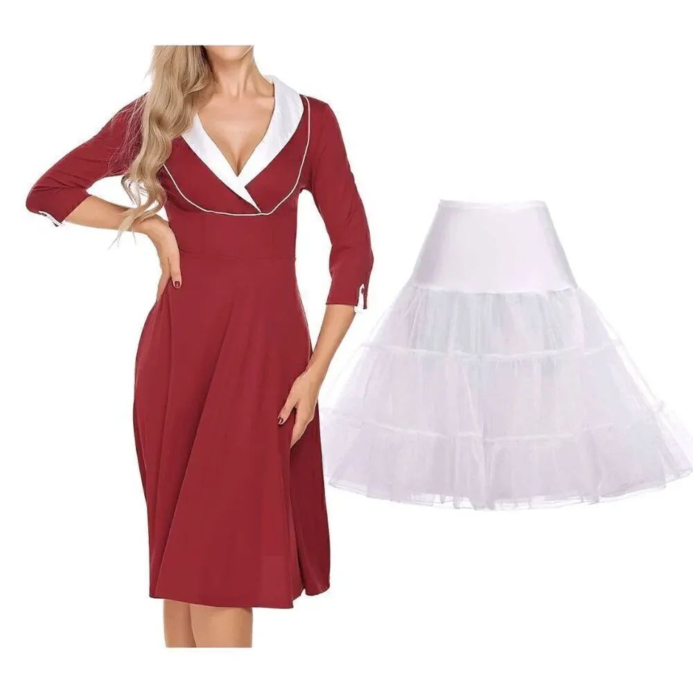 ❤ 2PCS Bundle Pinup 1950s Collar Cleavage Dark Red Dress & Petticoat XXL NWT